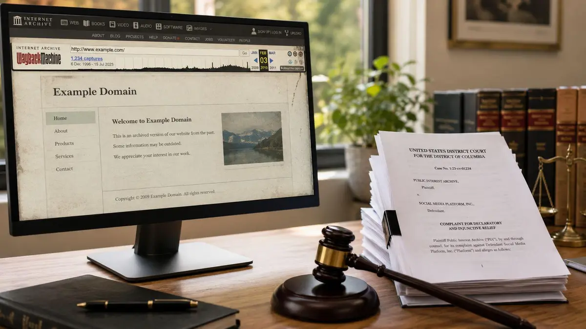 A courtroom desk featuring a legal document, a wooden gavel, and a computer screen showing web archives.