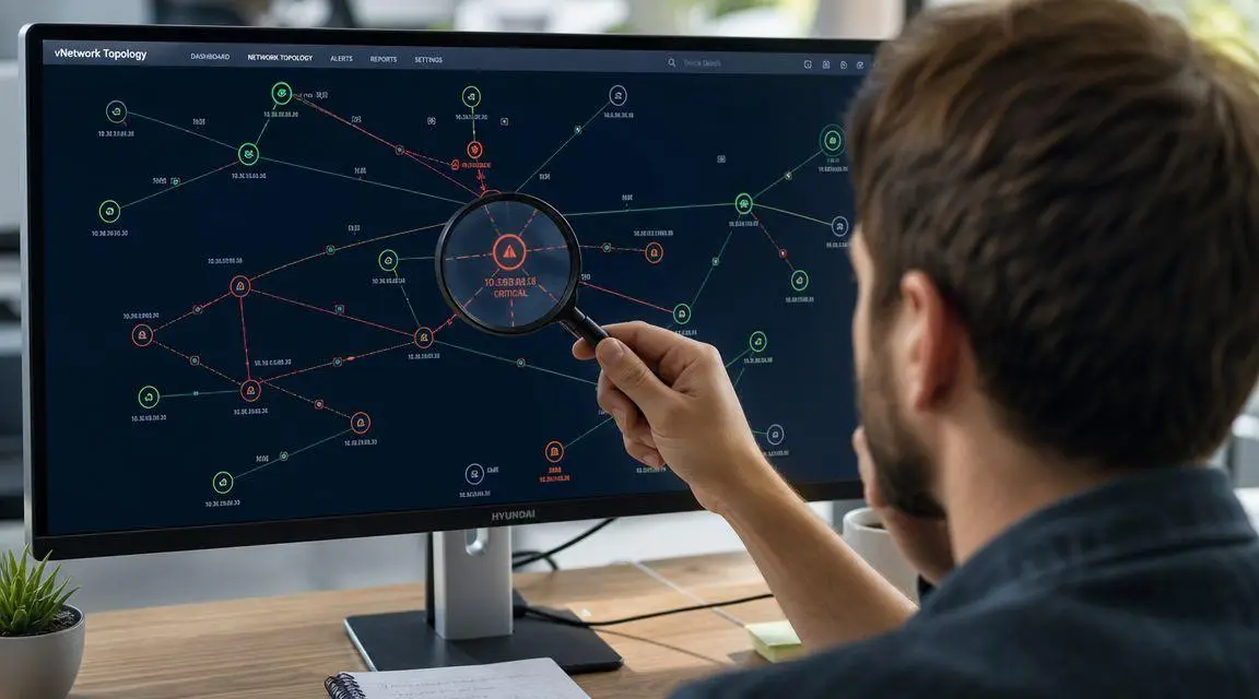 A professional analyzing a complex network topology chart on a computer monitor with a magnifying glass.