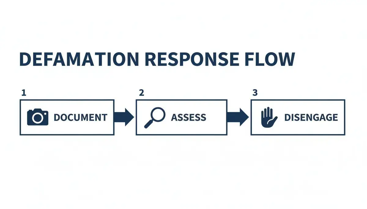 Flowchart outlining the three-step defamation response process: Document, Assess, and Disengage.