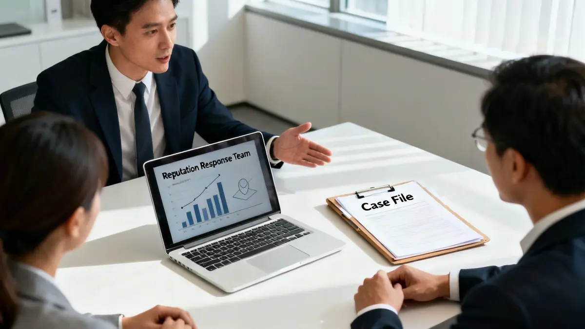 Three professionals in a meeting discussing a 'Reputation Response Team' presentation and a 'Case File'.