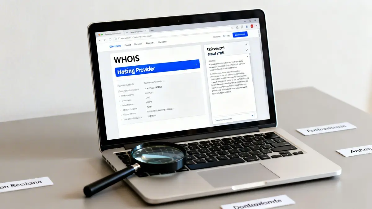 A laptop displays a 'WHOIS Hosting Provider' page with a magnifying glass on the keyboard, on a light desk.