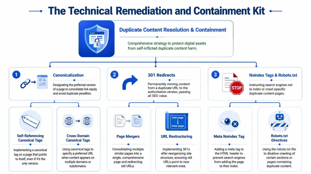 A flowchart titled Technical Remediation and Containment Kit showing strategies to fix duplicate content issues for SEO.
