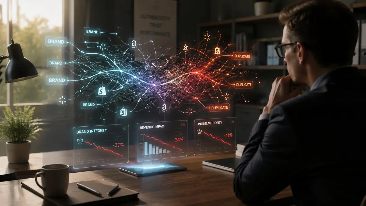 A professional analyzing a digital dashboard displaying brand integrity and revenue impact data visualizations.
