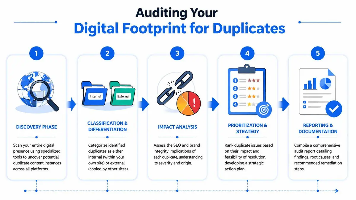 An infographic showing a five-step process for auditing and managing duplicate content on digital platforms.