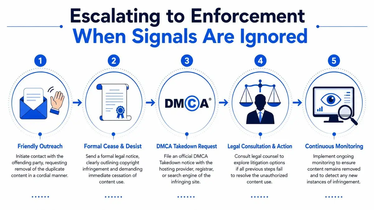 A five-step infographic illustrating the process of escalating enforcement actions against online copyright infringement.