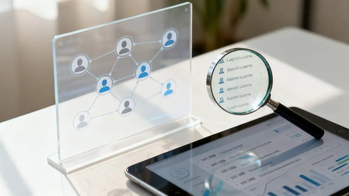 A magnifying glass examining digital data on a tablet next to a transparent screen displaying networked user profiles.