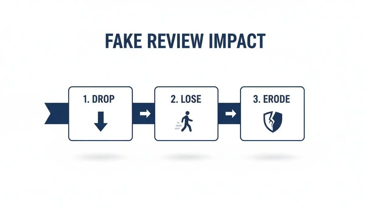 Infographic illustrating the three-step negative impact of fake reviews: Drop, Lose, and Erode trust.