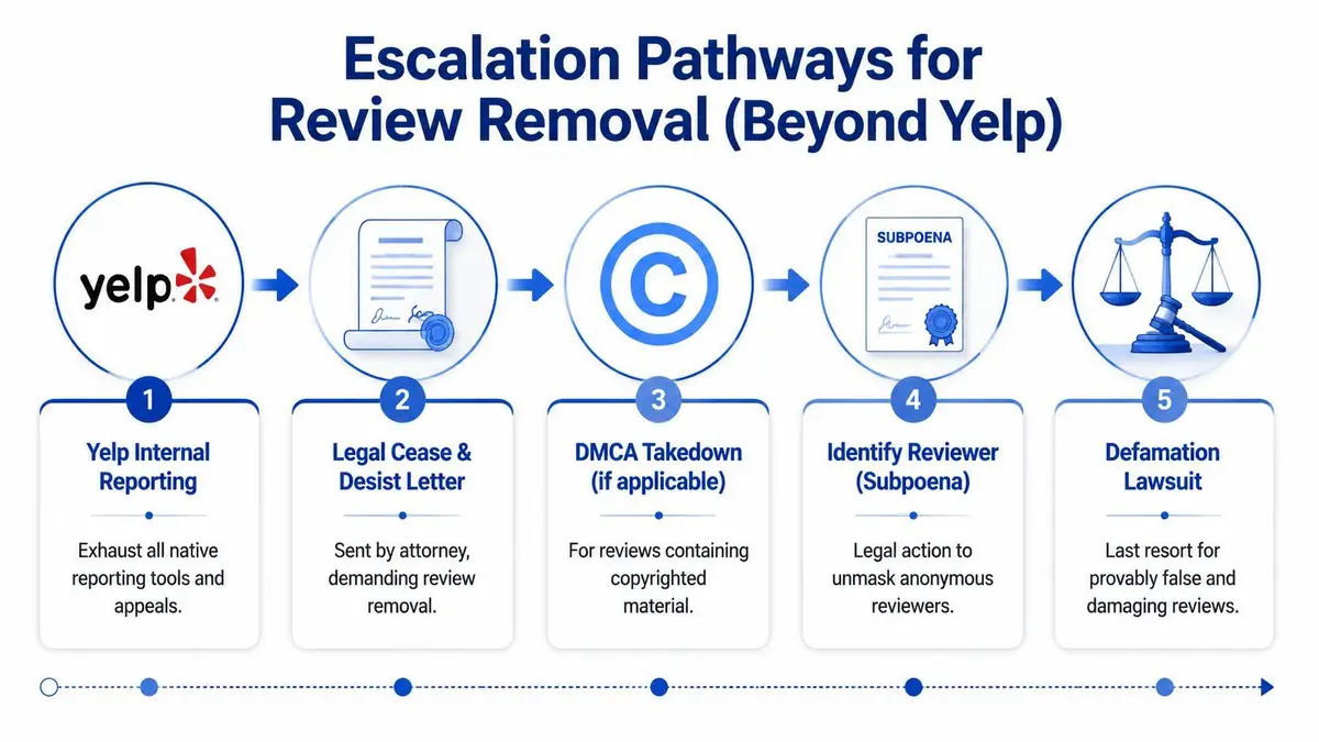 A flowchart showing five escalating steps for removing negative reviews from Yelp beyond internal reporting tools.