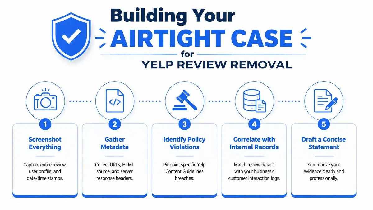 A five-step guide on how to build an airtight case for removing fake Yelp reviews effectively.