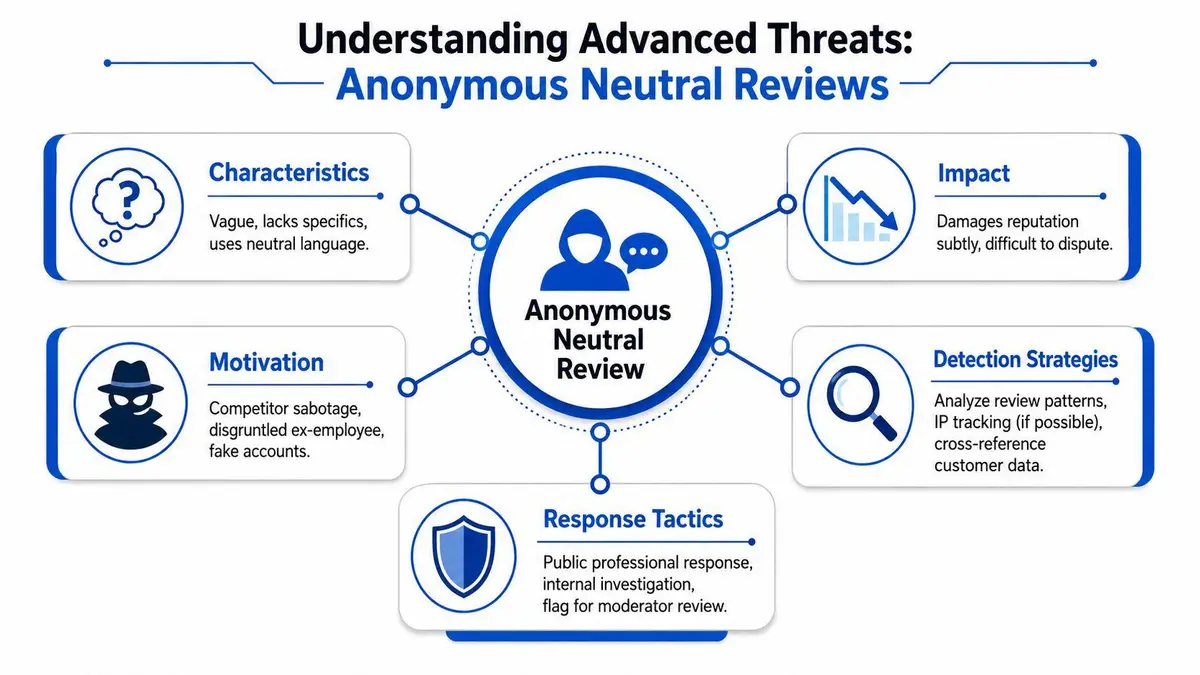 A diagram explaining characteristics, motivations, impacts, detection, and response strategies for managing anonymous neutral reviews.