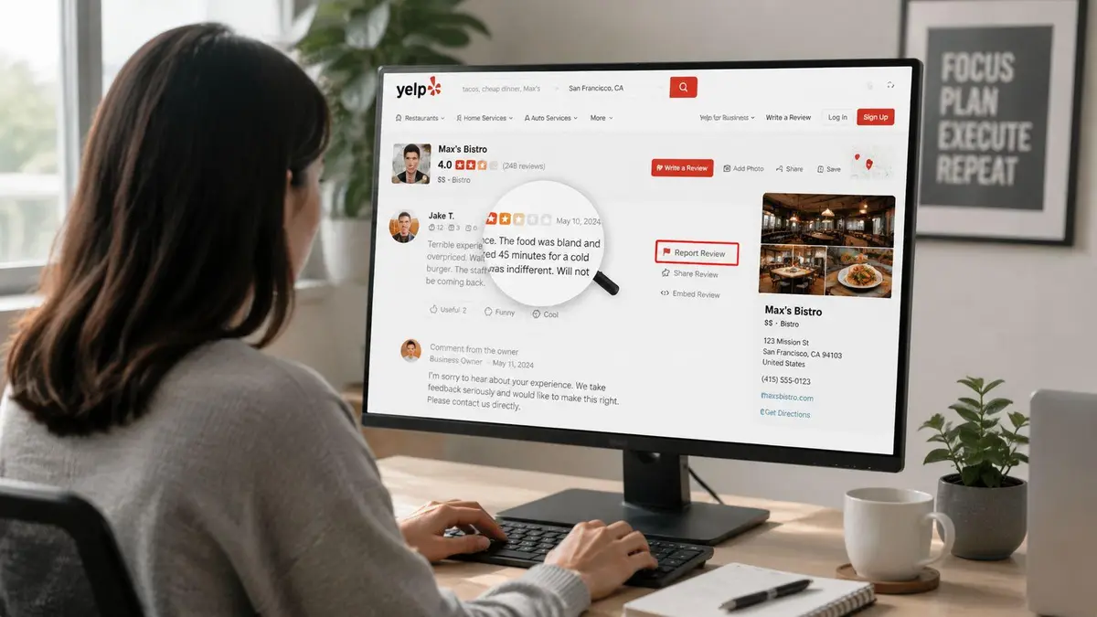 A person using a computer to view a Yelp business profile and review information on a monitor.