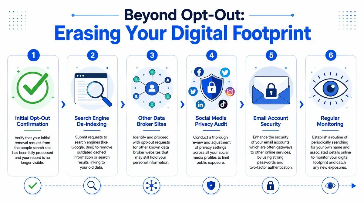 A six-step infographic illustrating the process of erasing your personal information and digital footprint from the internet.