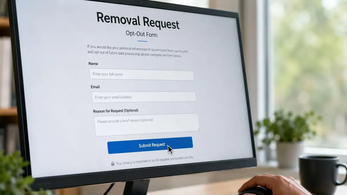 A close-up view of a computer monitor displaying an online opt-out form for data removal requests.