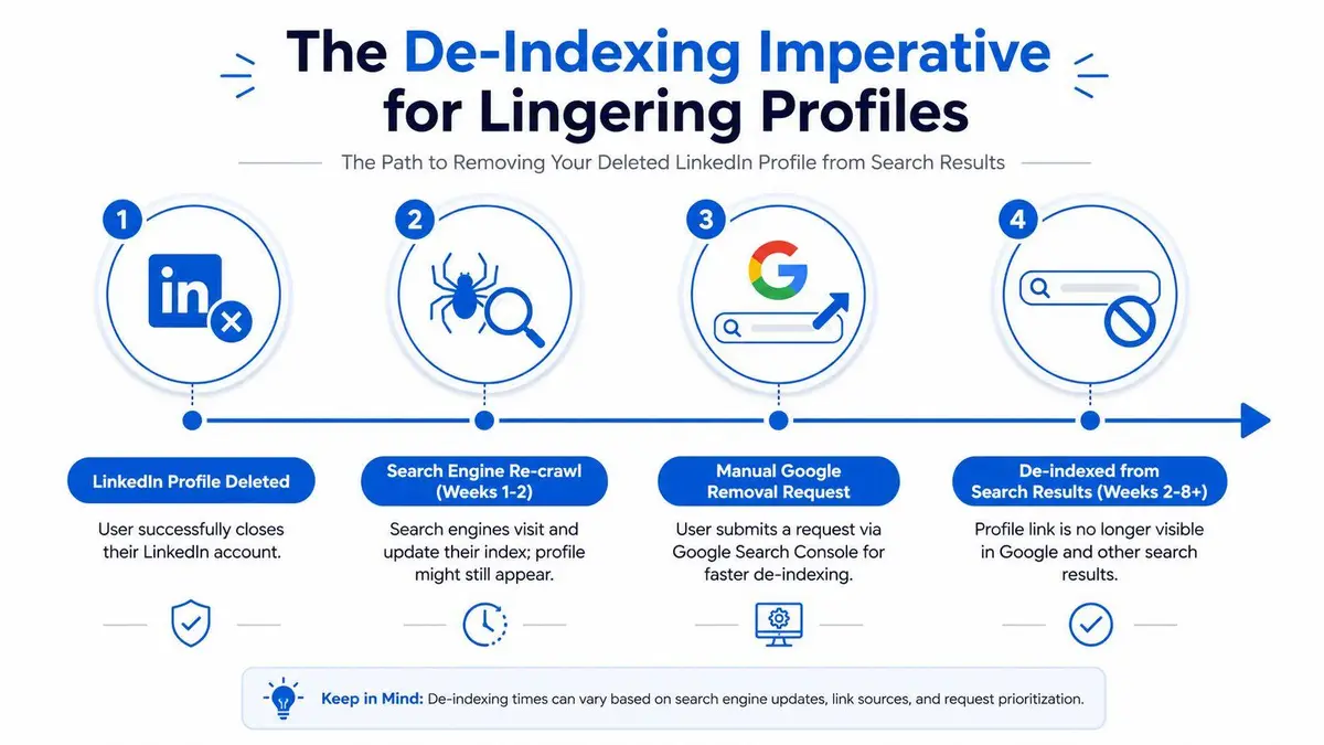 An infographic showing the four steps to remove a deleted LinkedIn profile from search engine results.