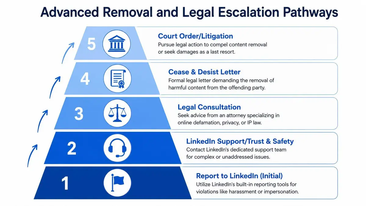 A five-step escalation chart outlining legal and platform-based pathways for removing harmful content on LinkedIn.