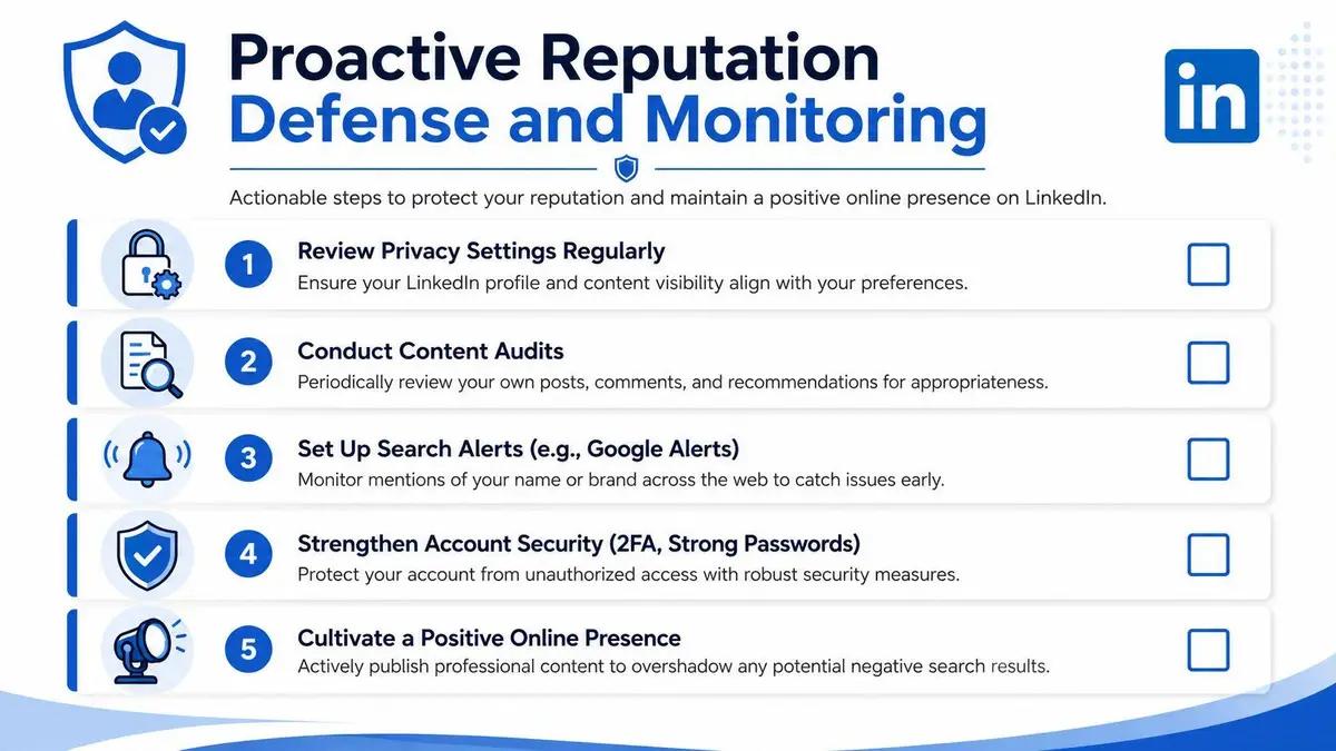 A professional infographic outlining five proactive steps for managing and protecting your reputation on LinkedIn.