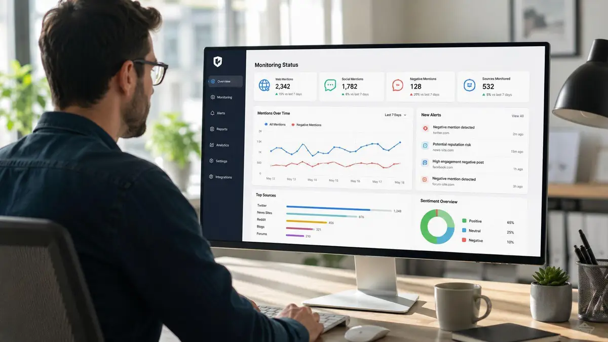 A person sitting at a desk monitoring brand sentiment analytics on a large computer screen.