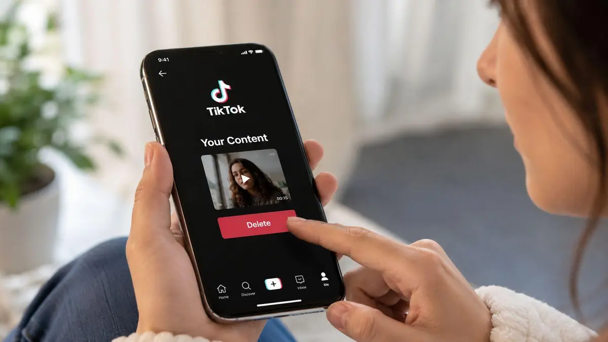 A person using a smartphone to delete a video from their TikTok account content list.