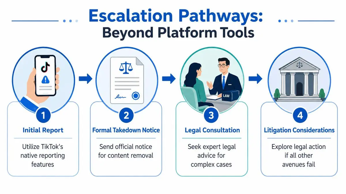 A four-step infographic illustrating escalation pathways for removing problematic content from the TikTok social media platform.
