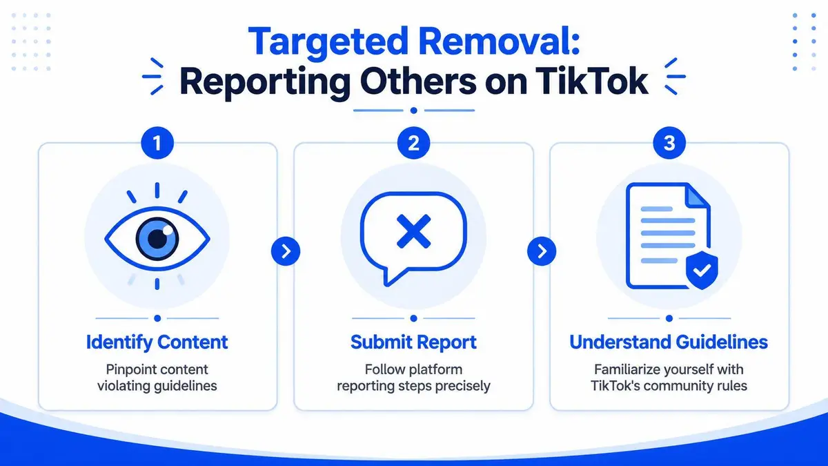 A three-step infographic showing how to report and remove violating content on the TikTok platform.