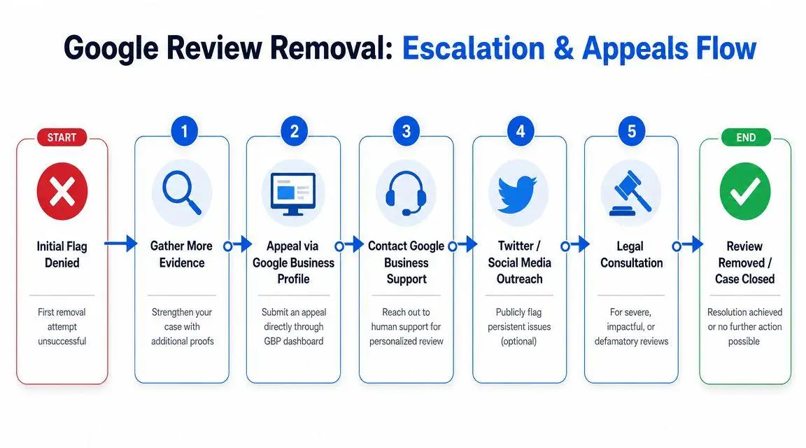 A flowchart showing the step-by-step escalation and appeals process for removing Google reviews from a business profile.