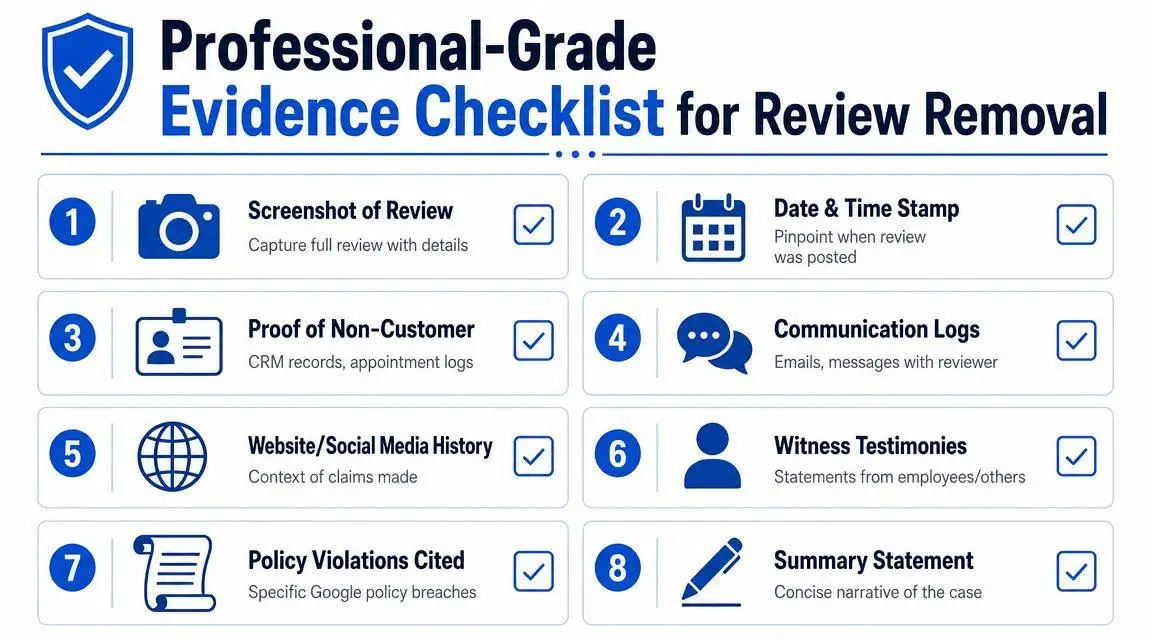 An infographic titled Professional-Grade Evidence Checklist for Review Removal, showing eight numbered steps for reporting reviews.