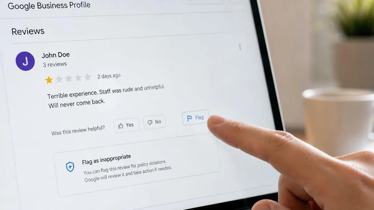 A person clicking the flag button on a Google business review to report inappropriate content.