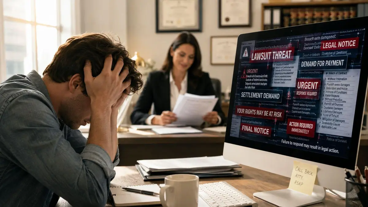 A distressed man sits at a desk looking at a computer screen showing legal notices and threats.