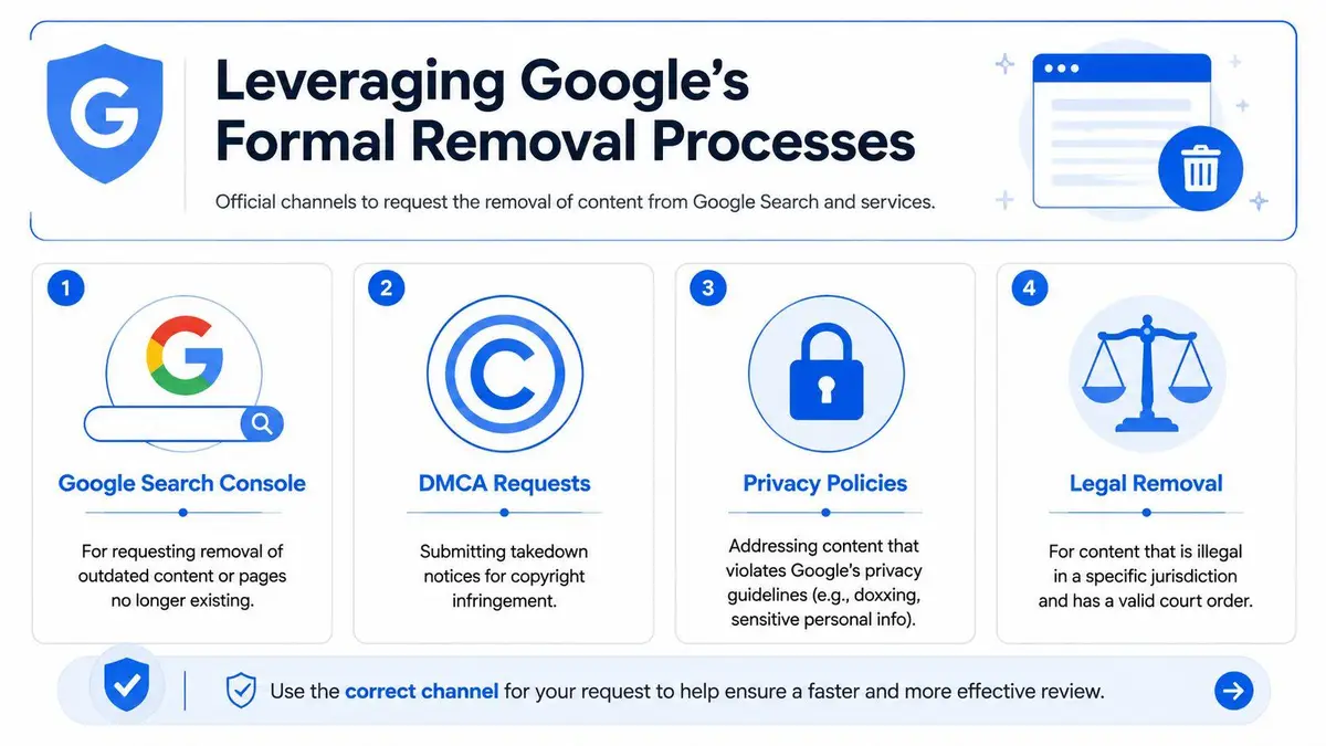 An infographic showing four official methods for requesting content removal from Google Search and services.
