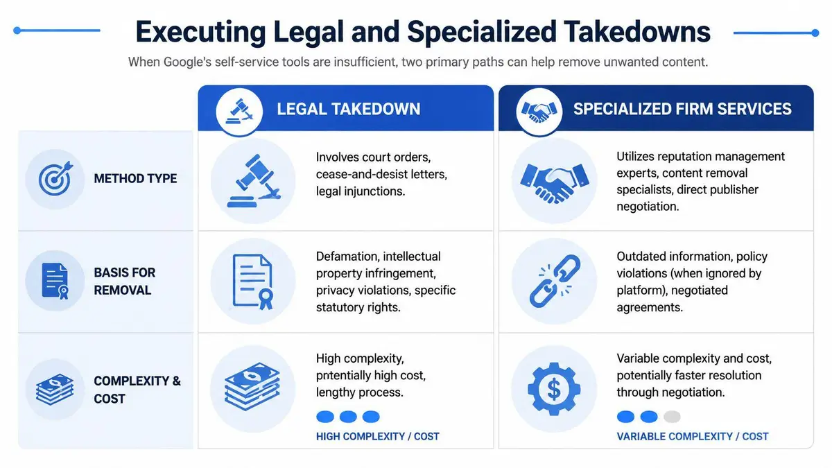 A comparison chart outlining legal takedowns versus specialized firm services for removing unwanted online search content.