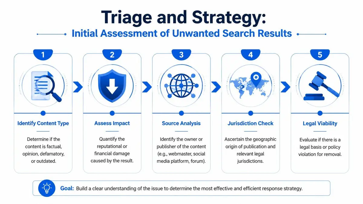 A five-step infographic illustrating the triage and strategy process for managing unwanted online search results.
