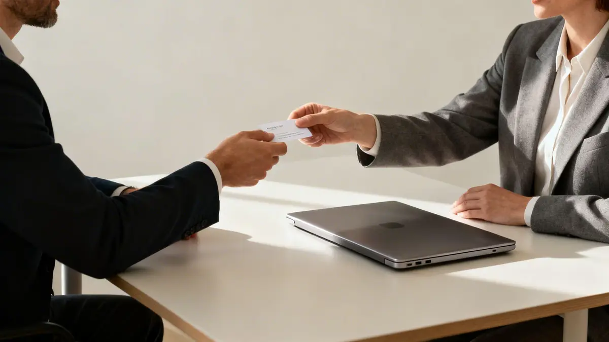 Two business professionals exchange a white business card across a table with a laptop, symbolizing networking.
