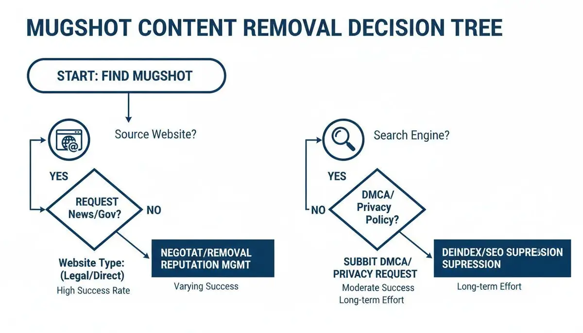 A decision tree illustrating the process for mugshot content removal from source websites and search engines.