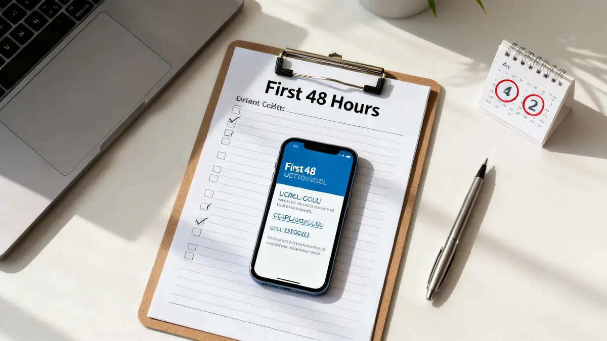 A desk with a laptop, clipboard, smartphone, pen, and calendar for task management.