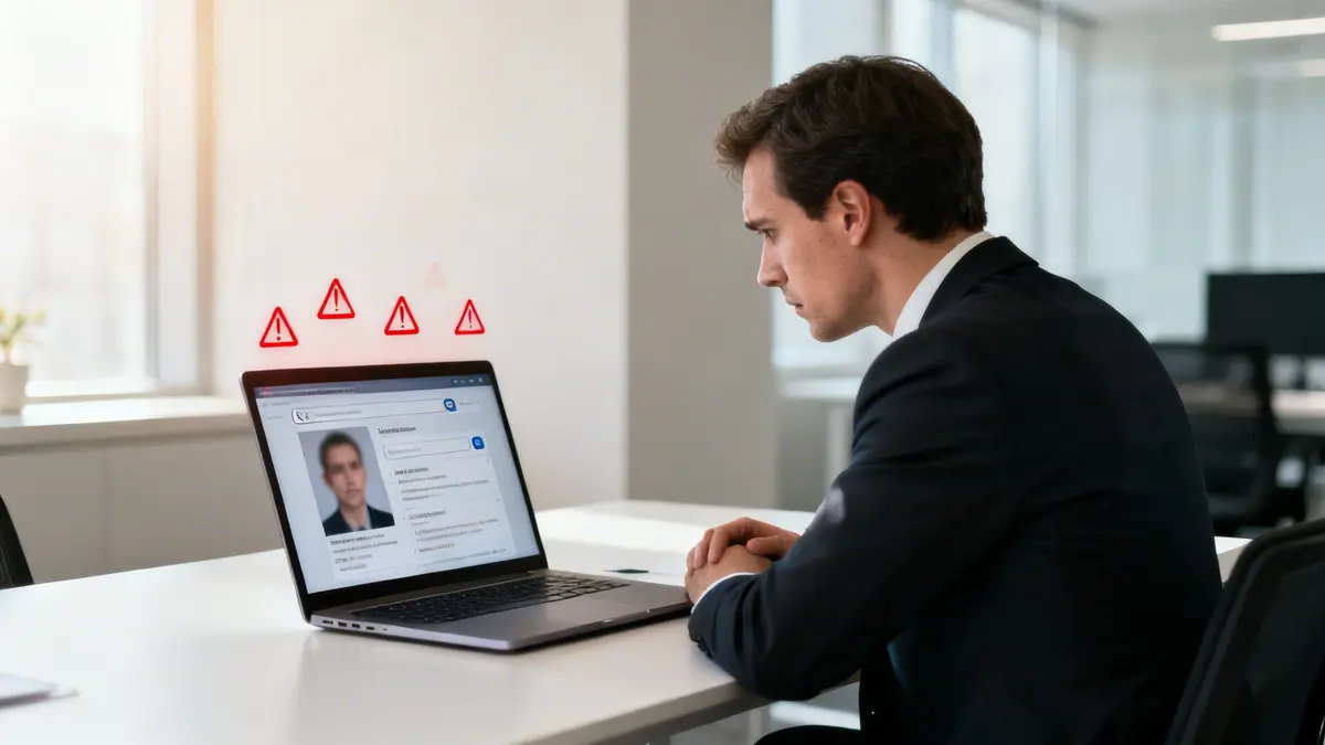A man intently views a laptop displaying a person's profile and text, with multiple red warning signs indicating a problem.