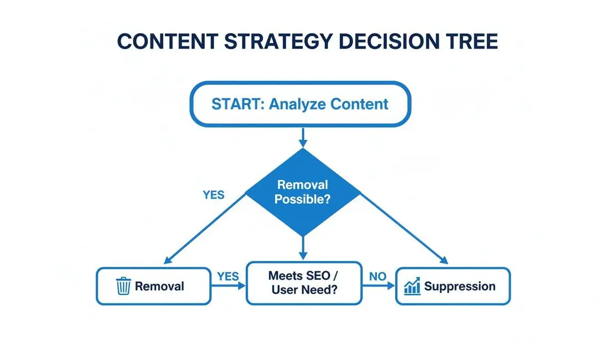 Flowchart for content strategy decisions: analyze content, consider removal, or evaluate SEO/user need for removal/suppression.