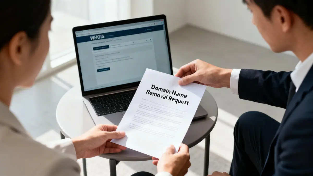 Two people reviewing a 'Domain Name Removal Request' document while looking at a laptop showing a WHOIS website.