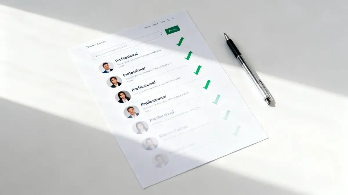 A printout of a webpage displaying professional profiles and green checkmarks, next to a silver pen.