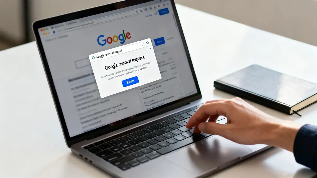 A person uses a laptop to submit a 'Google removal request' pop-up, with a notebook on the desk.