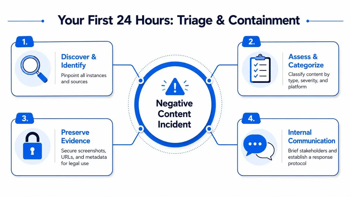 A four-step infographic showing the process of managing and containing a negative content incident online.