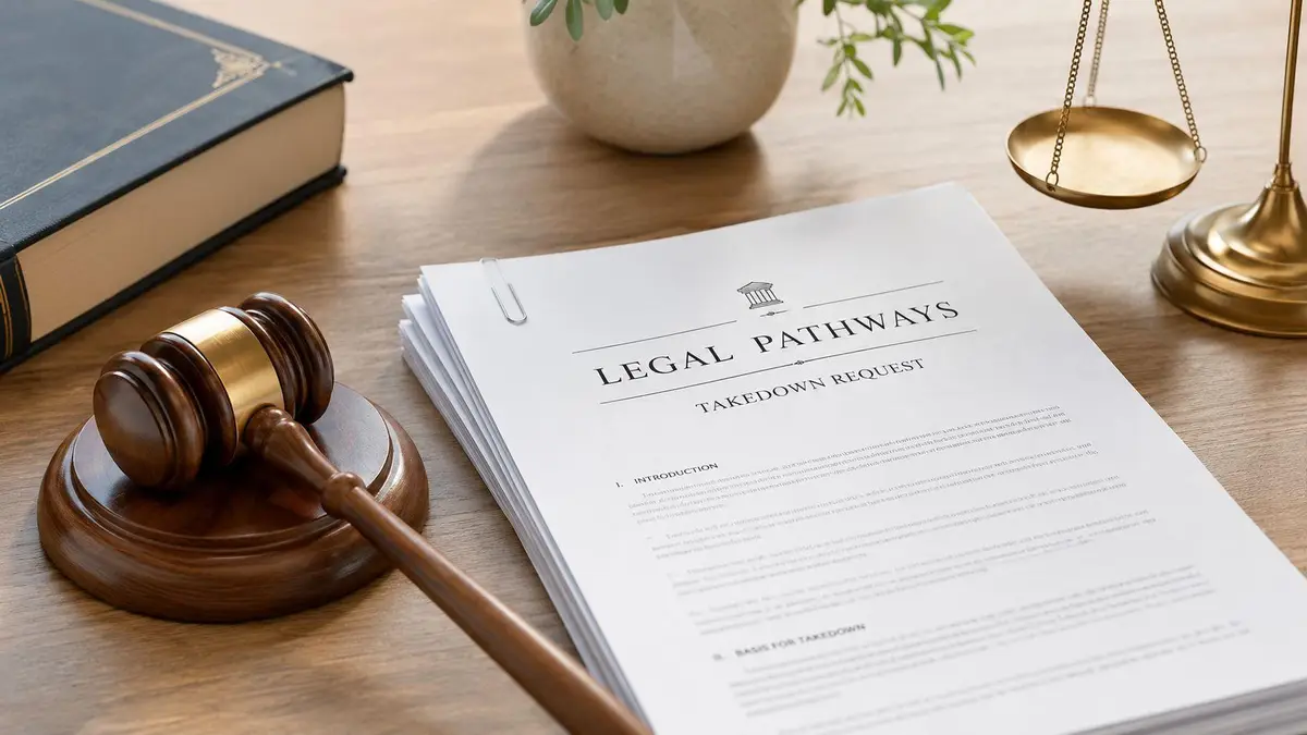A gavel and legal document titled Takedown Request sitting on a wooden desk next to scales.