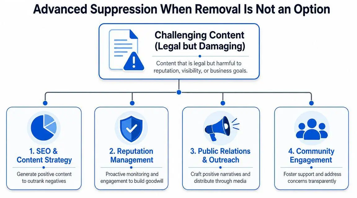 A diagram outlining strategies for suppressing damaging but legal online content when removal is not possible.