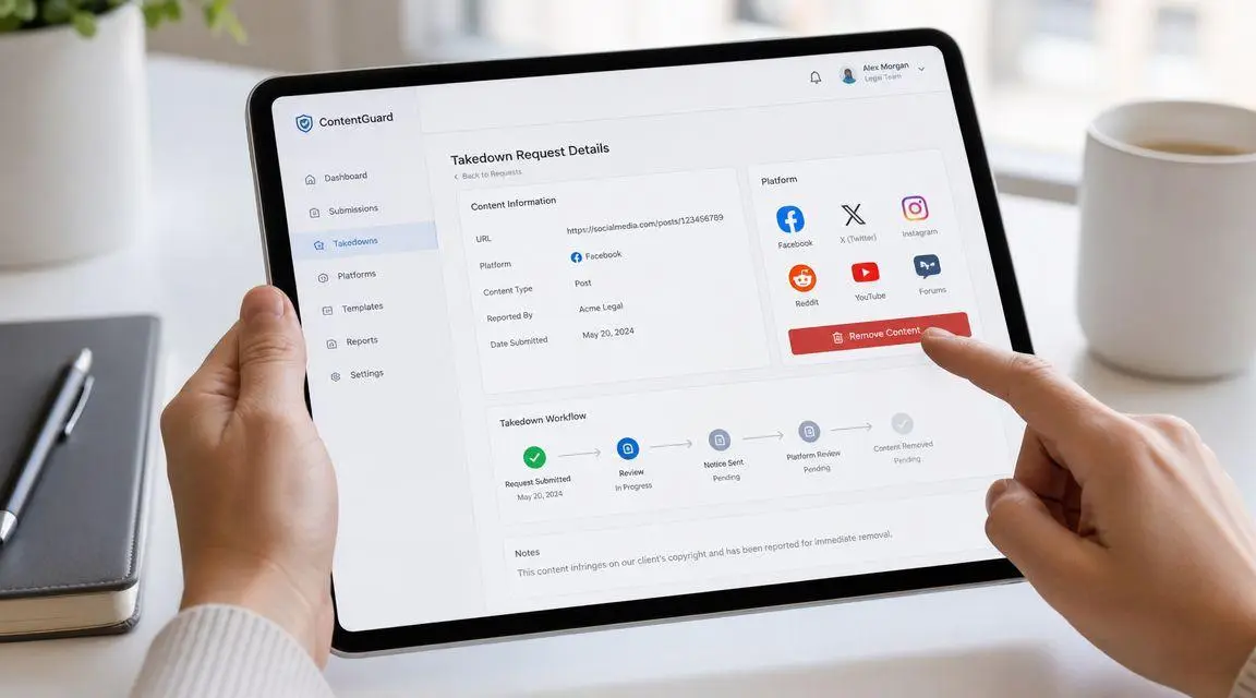 A person using a tablet to navigate the ContentGuard takedown request dashboard for removing online content.