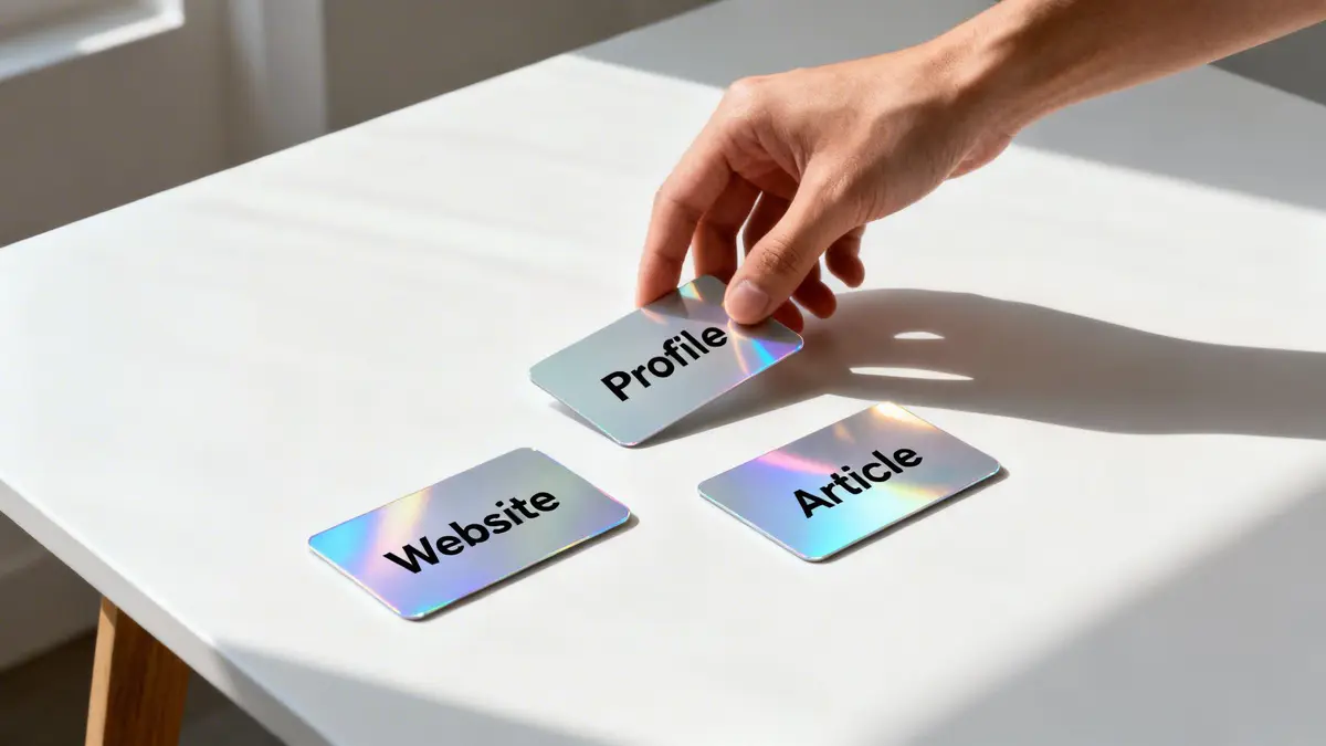 A hand selects a holographic 'Profile' card from 'Website' and 'Article' cards on a white table, symbolizing content choices.