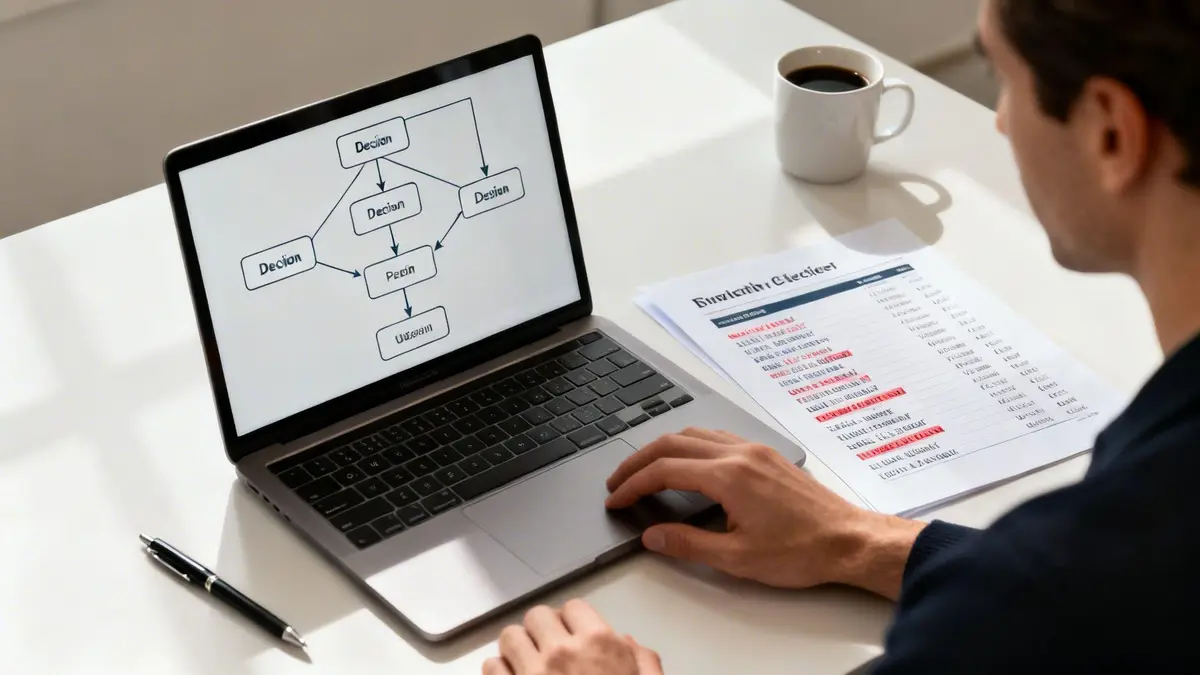 Person analyzing a flowchart on a laptop and a checklist document on a white desk.