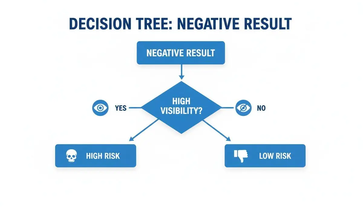 Decision tree flowchart illustrating that a negative result with high visibility leads to high risk, and low visibility to low risk.