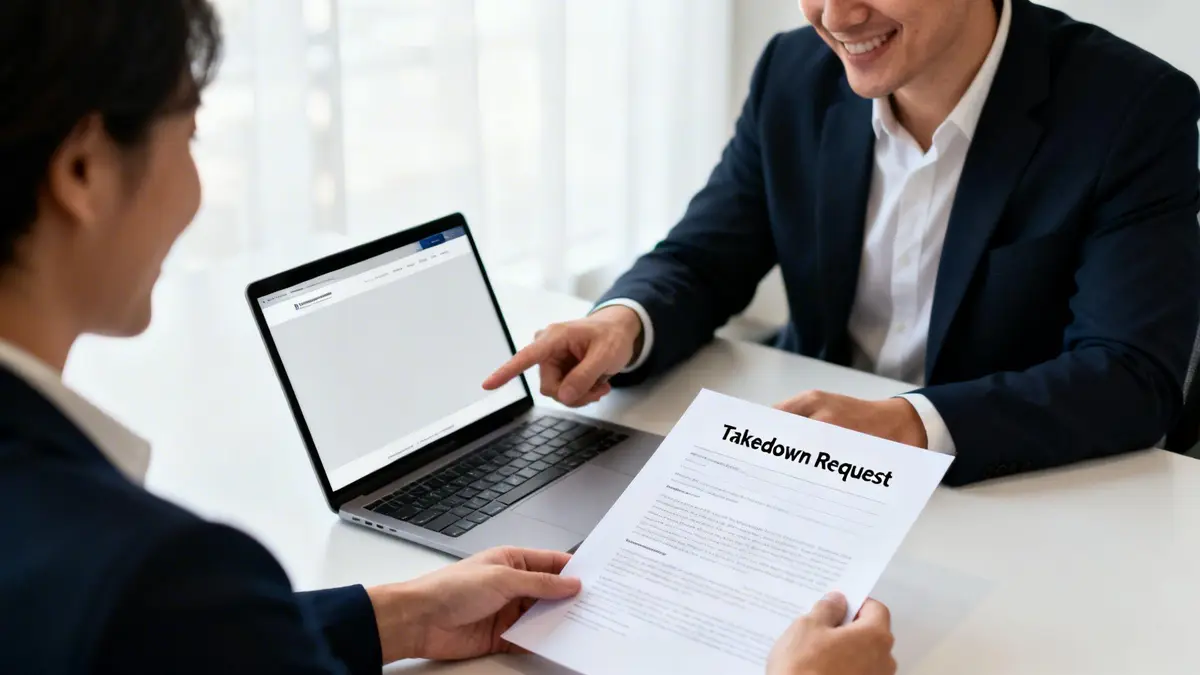 Two professionals discuss a takedown request document, with one pointing at a laptop screen.