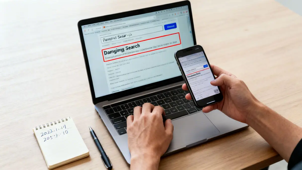 A person is typing on a laptop and holding a smartphone, both displaying search results.