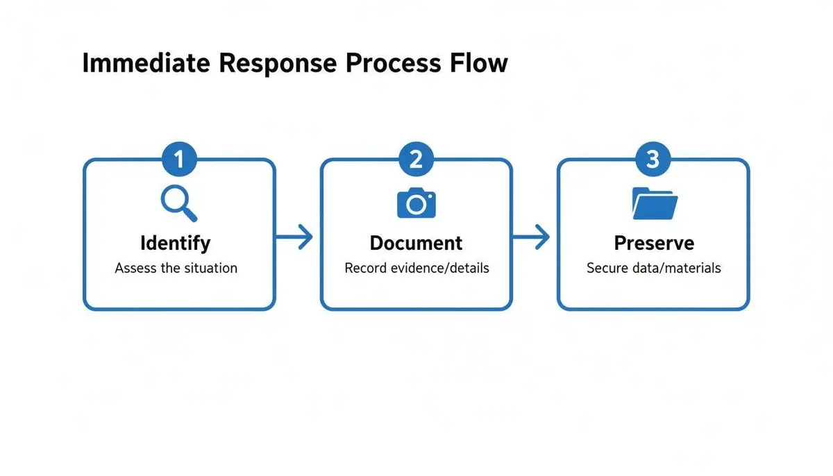 A three-step immediate response process flow: Identify, Document, and Preserve evidence and materials.