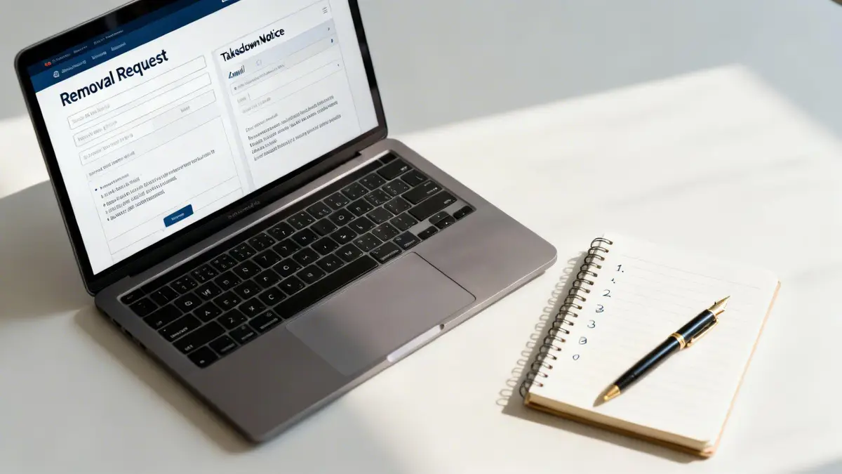 Laptop displaying 'Removal Request' and 'Takedown Notice' forms, with a notebook and pen on a white desk.